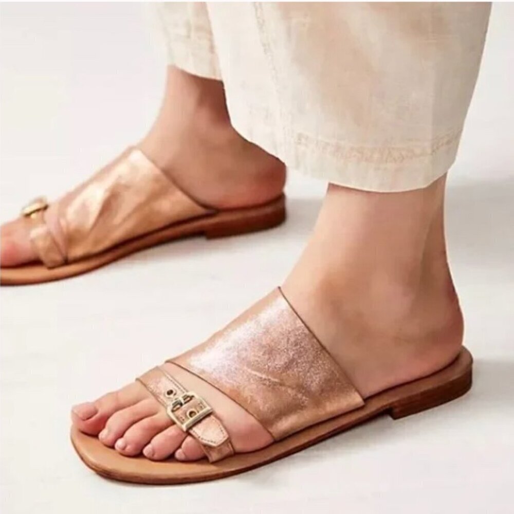 Free People Mila Minimal Flat Sandals Metallic Slip-On Slides Casual Size 6 NIB